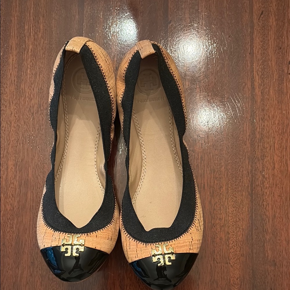 Tory Burch Tan and Black Ballet Flats
